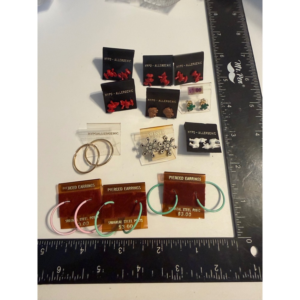 Vintage Deadstock Earring Lot Hypoallergenic Studs Enamel Hoops Animals 11 Pairs